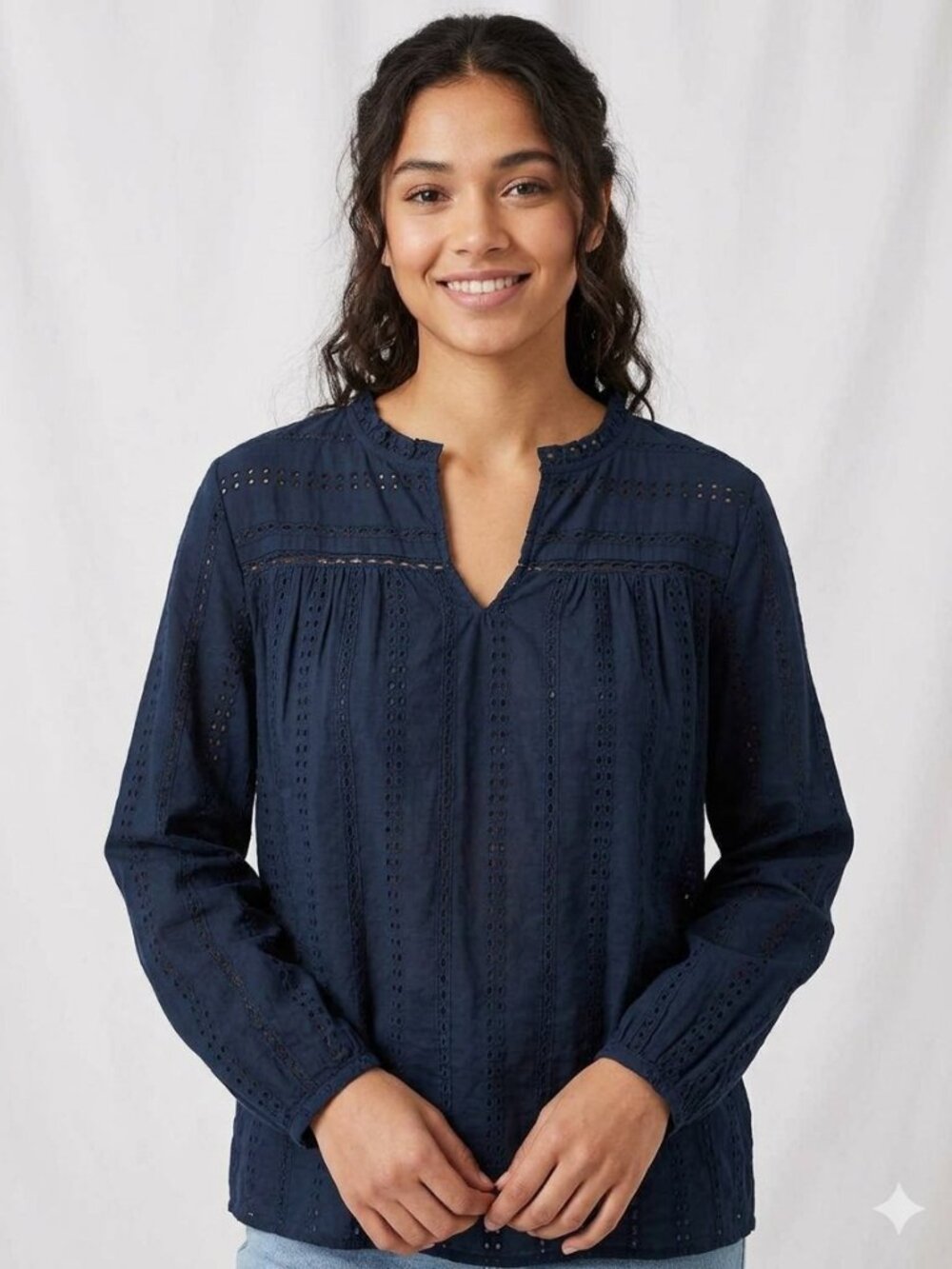 Style & Co XL Navy Blue Eyelet Long Sleeve Blouse